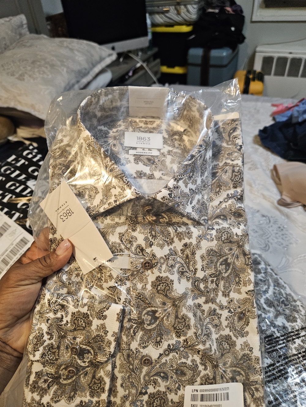 Eterna Men's White Shirt with Brown Paisley Print